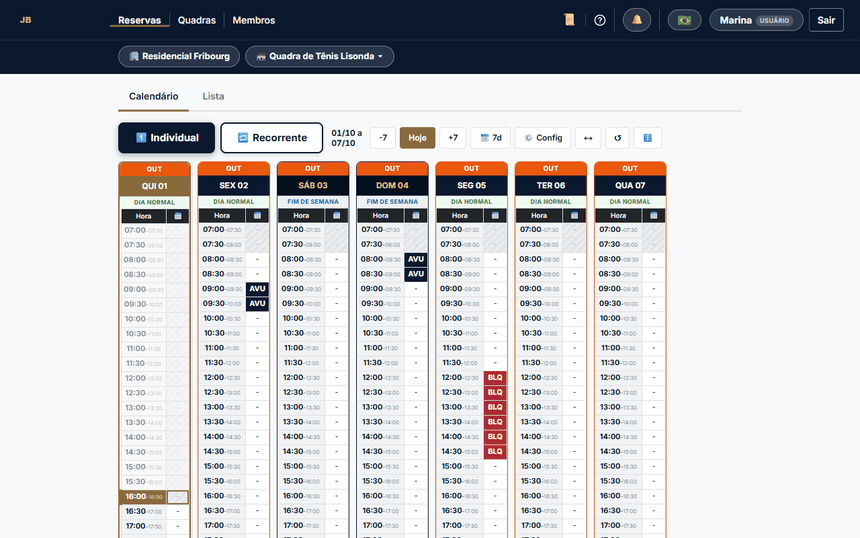 Grade semanal de reservas do ArenaFold